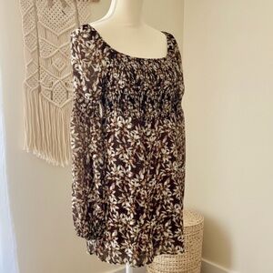 Guess| Brown & Cream Fall Floral Smocked Boho Long Sleeve Mini Dress Sz XS